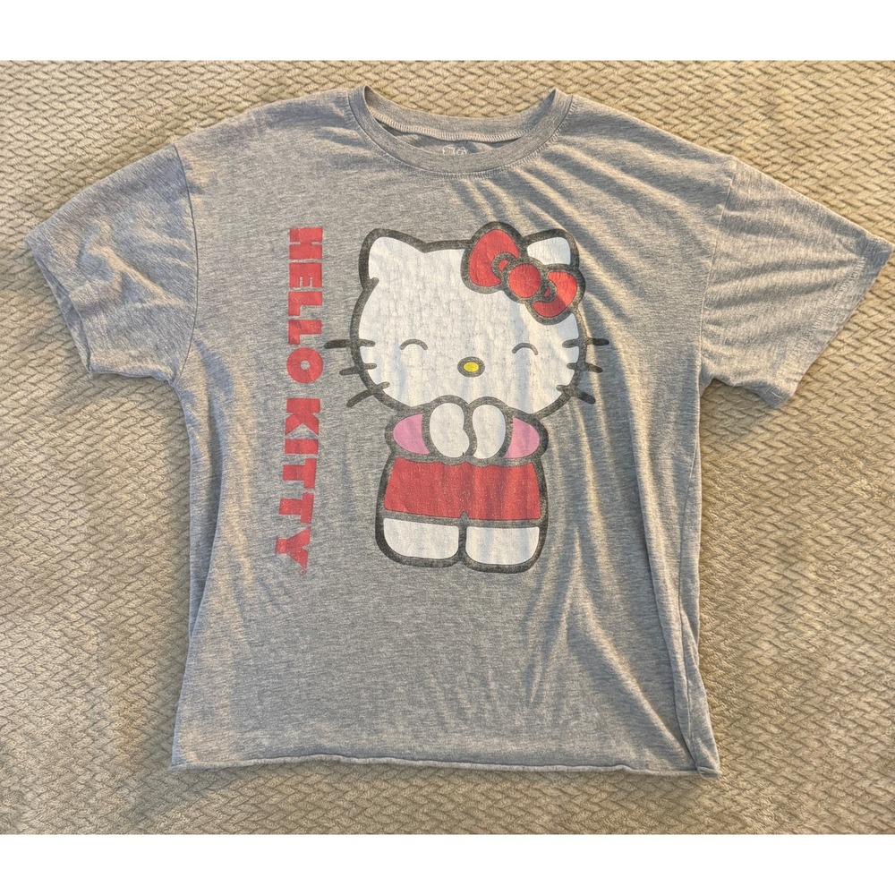 Hello Kitty Sanrio Gray Graphic T-Shirt L Heather Gray Distressed Print Tee